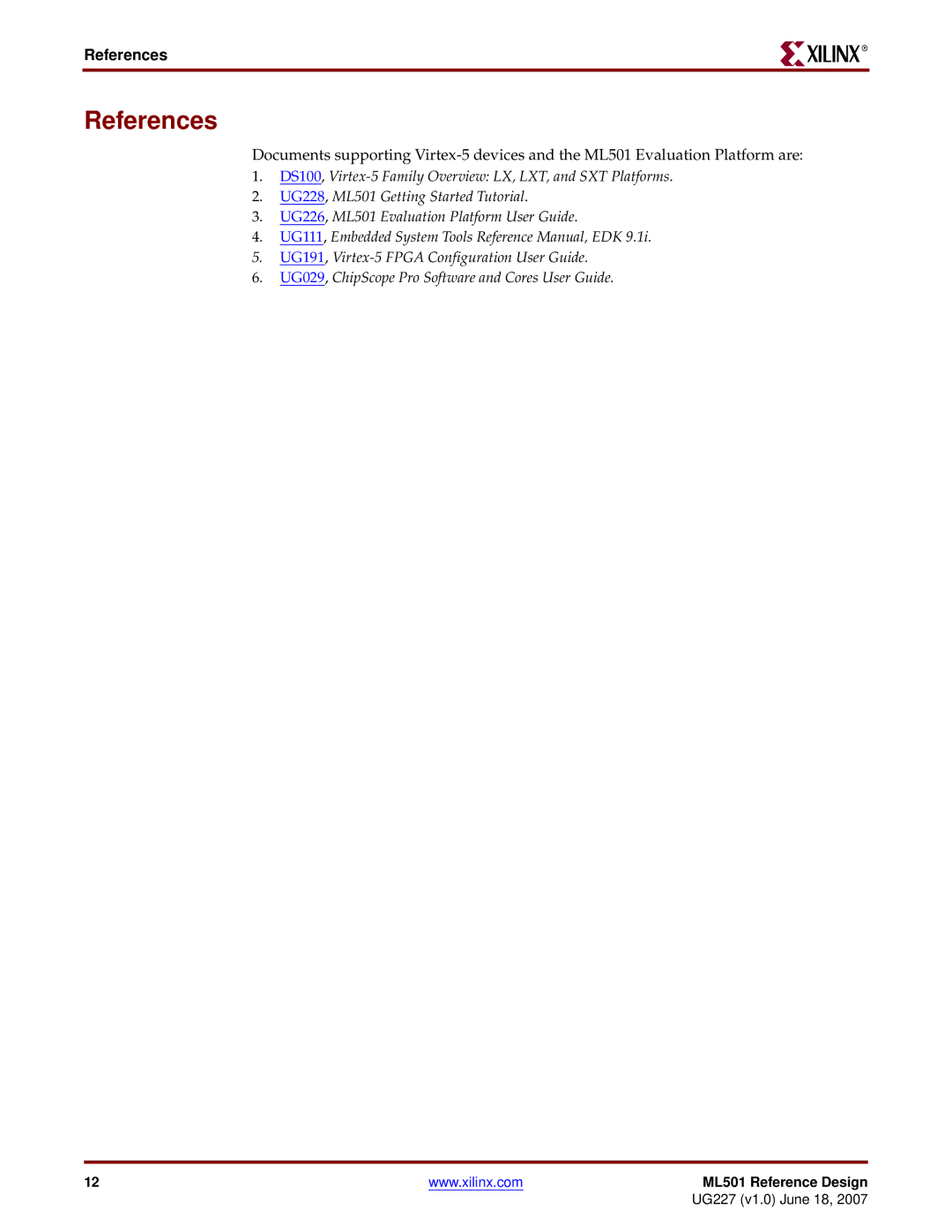 Xilinx ML501 manual References 