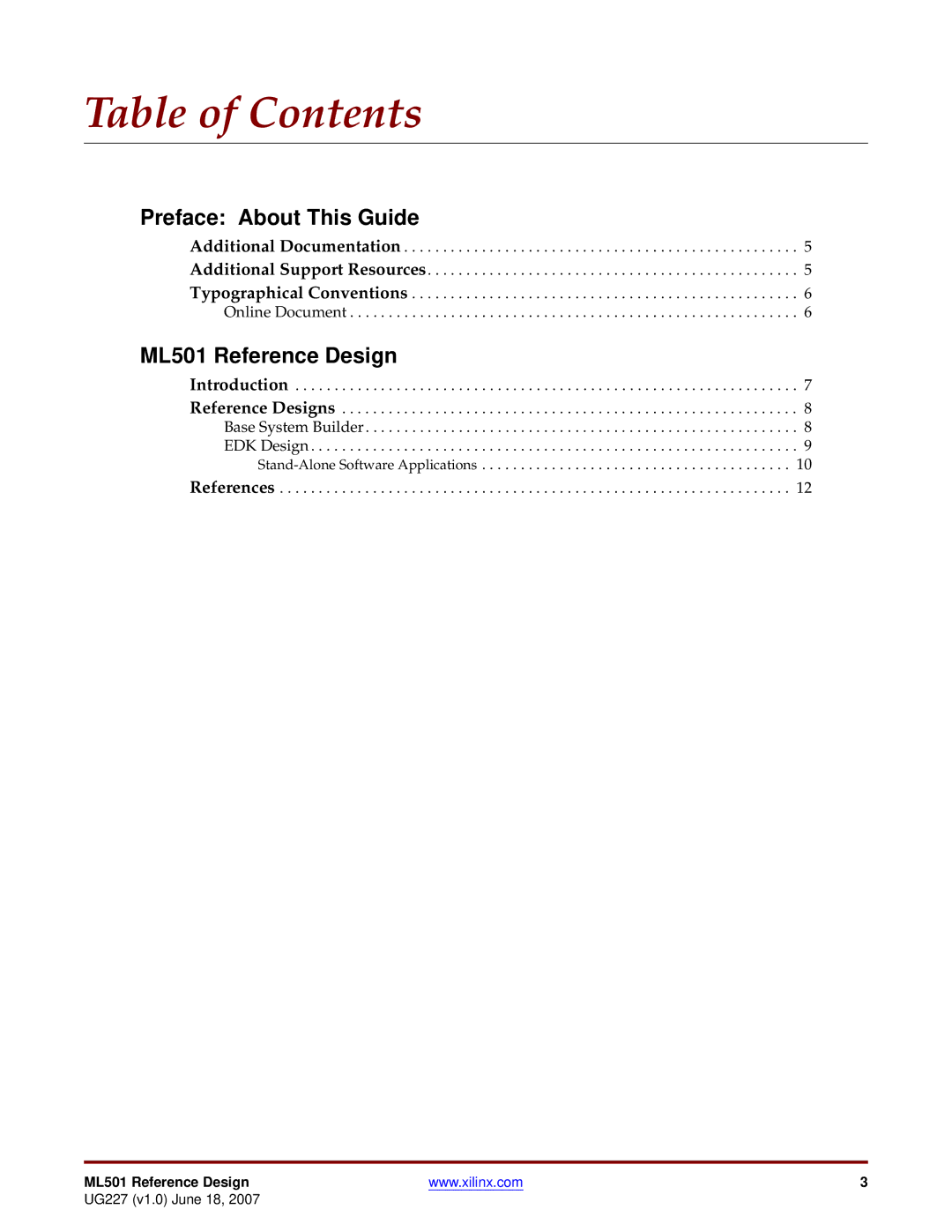 Xilinx ML501 manual Table of Contents 