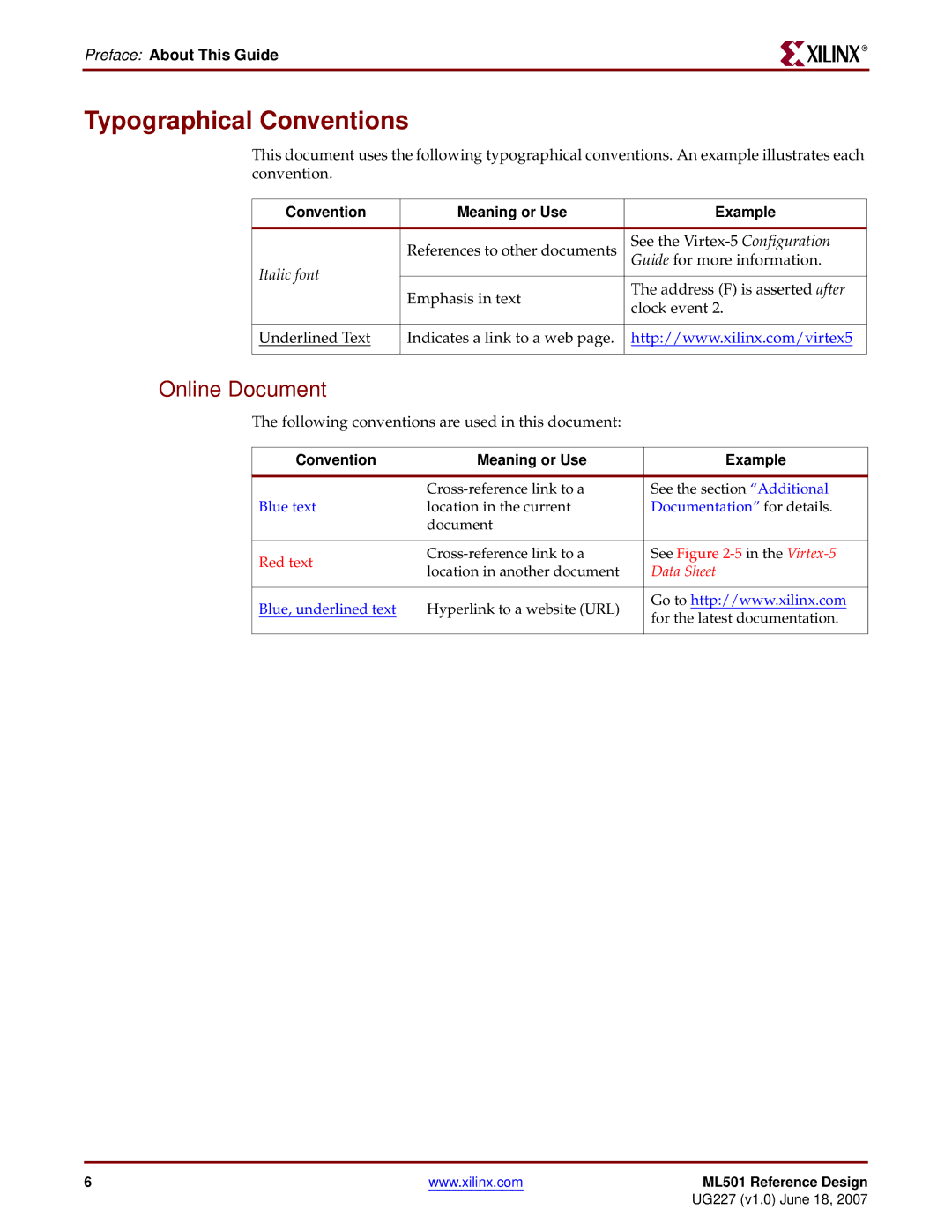 Xilinx ML501 manual Typographical Conventions, Online Document, Preface About This Guide, Convention Meaning or Use Example 