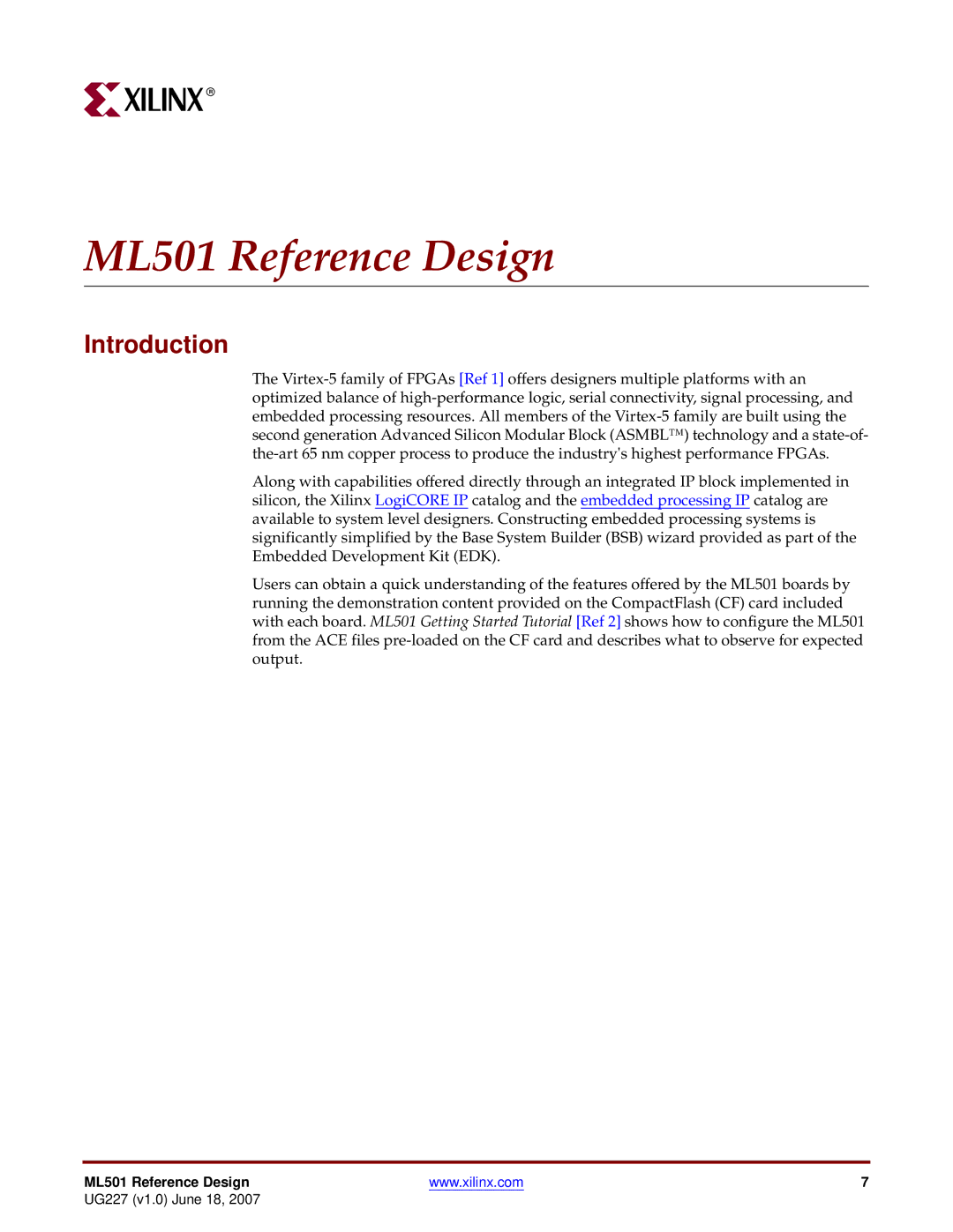 Xilinx manual ML501 Reference Design, Introduction 