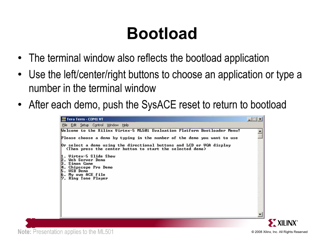 Xilinx ML501 quick start Bootload 