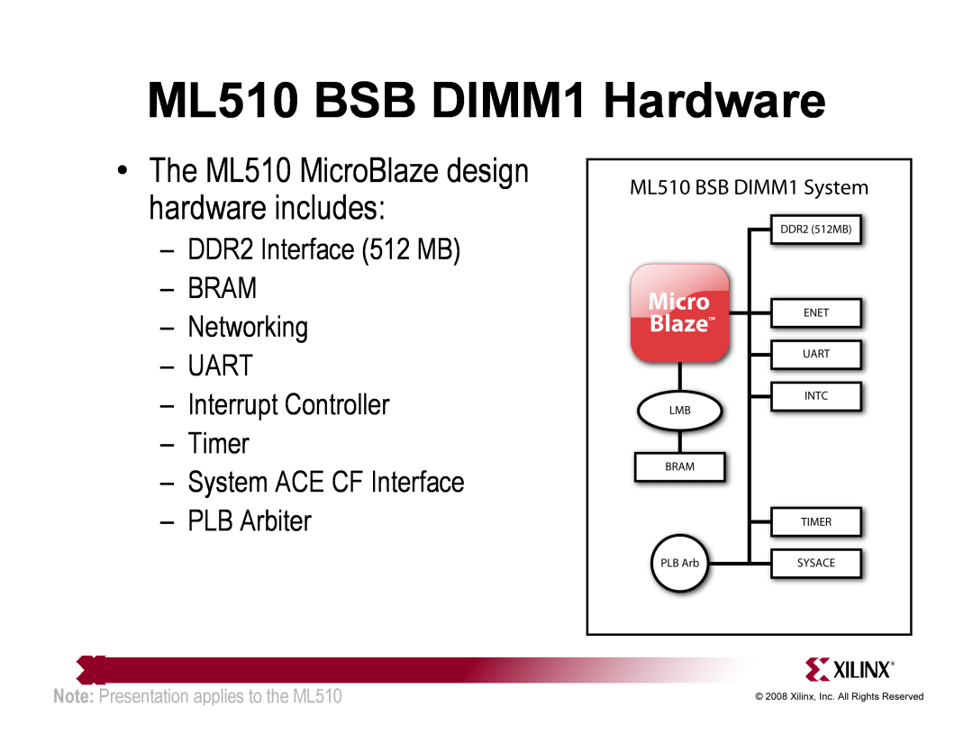 Xilinx quick start ML510 BSB DIMM1 Hardware, DDR2 Interface 512 MB BRAM Networking UART Interrupt Controller Timer 