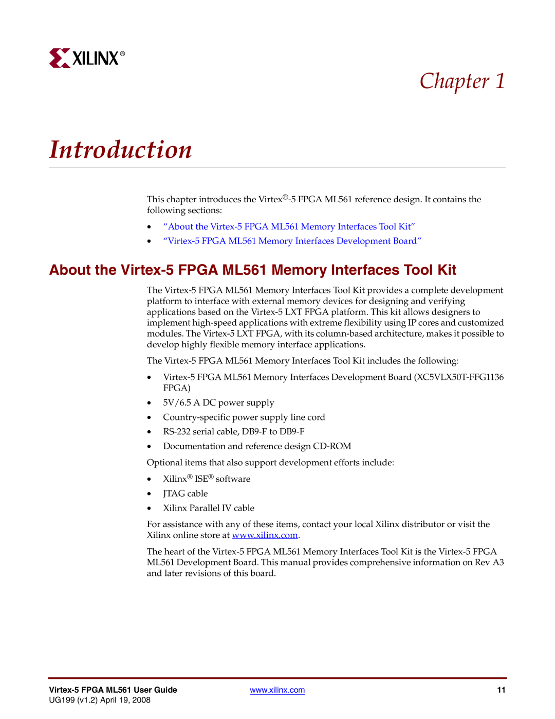 Xilinx manual Introduction, About the Virtex-5 Fpga ML561 Memory Interfaces Tool Kit 