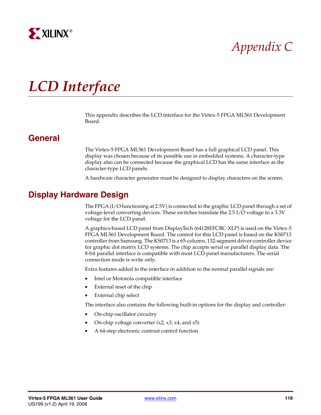 Xilinx ML561 manual LCD Interface, General, Display Hardware Design 