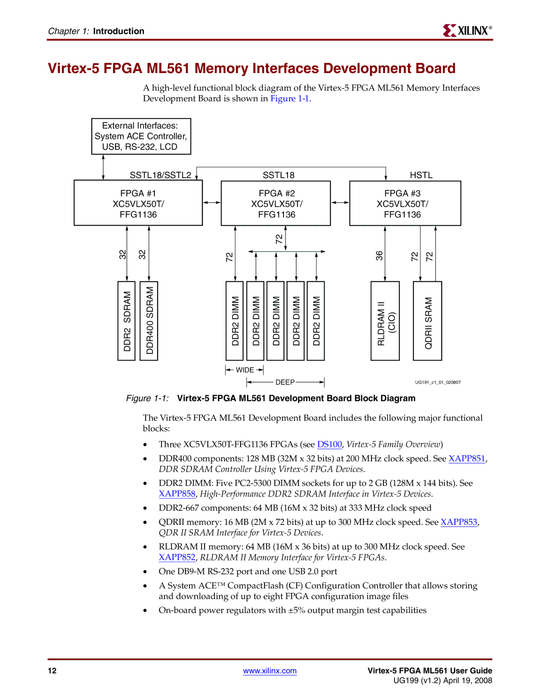 Xilinx manual Virtex-5 Fpga ML561 Memory Interfaces Development Board, Introduction 