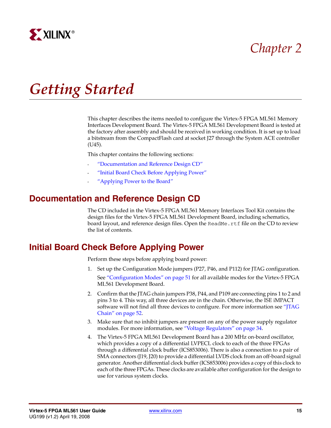 Xilinx ML561 manual Getting Started, Documentation and Reference Design CD, Initial Board Check Before Applying Power 