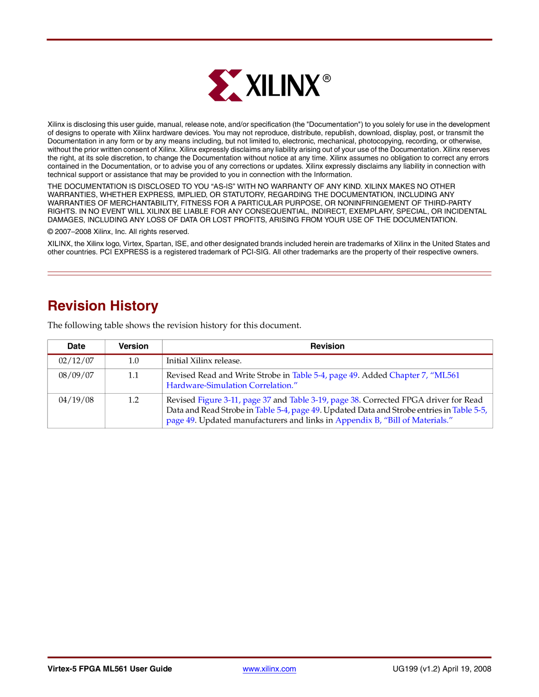 Xilinx ML561 manual Revision History, Date Version Revision 