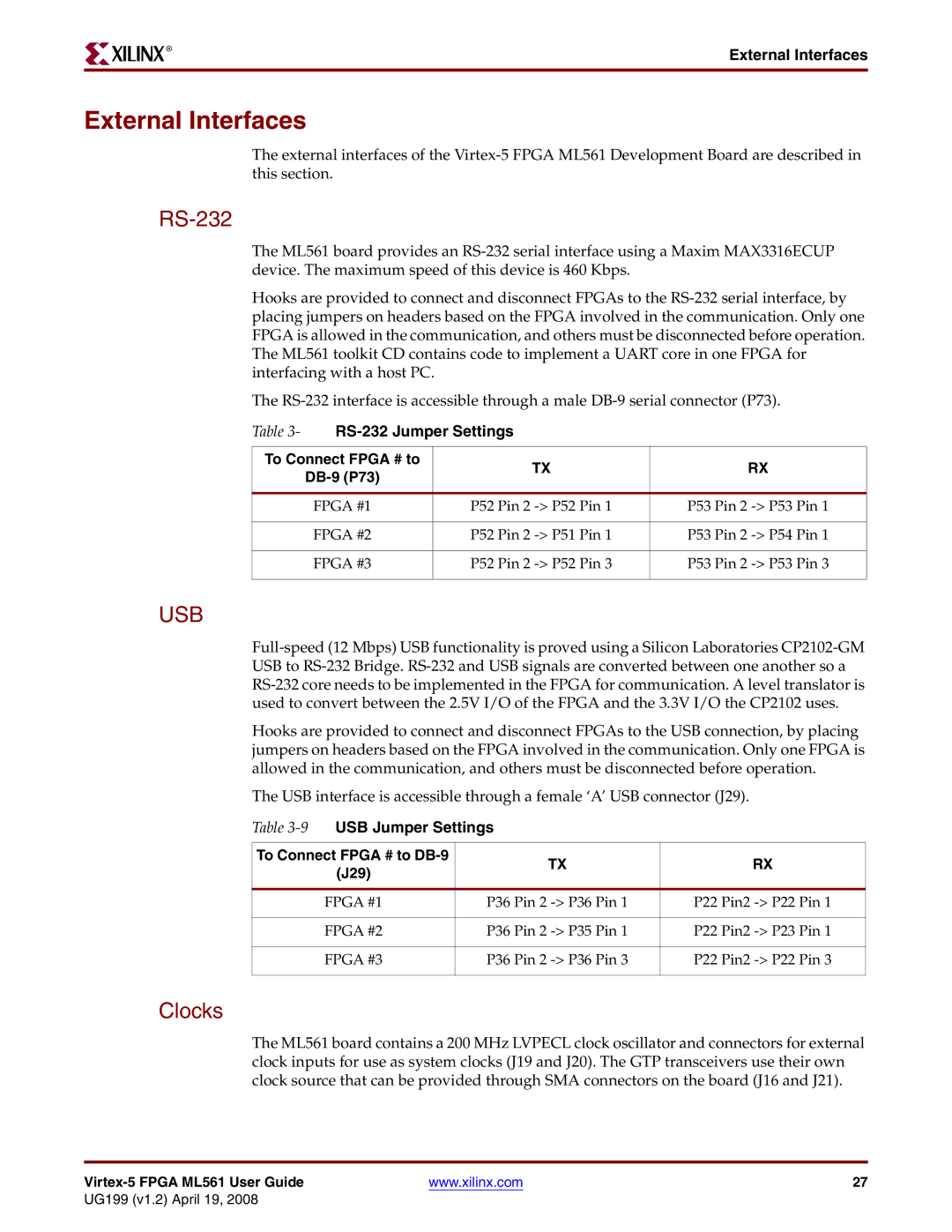 Xilinx ML561 manual External Interfaces, RS-232, Clocks 