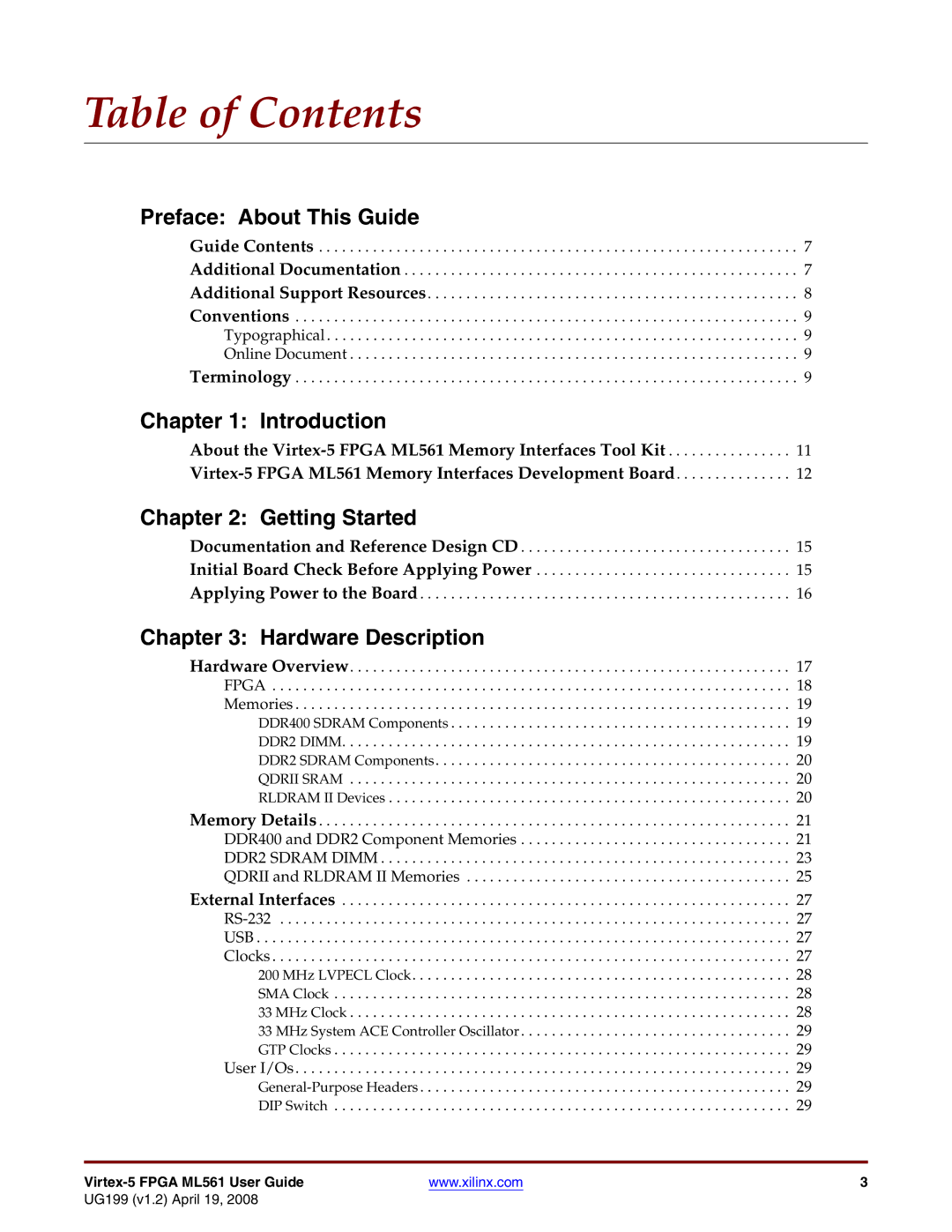 Xilinx ML561 manual Table of Contents 