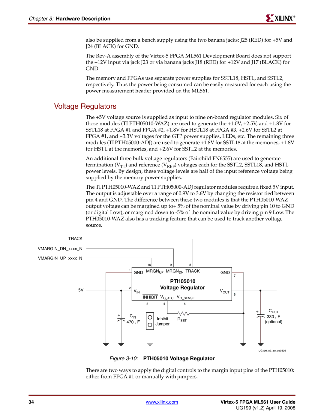 Xilinx ML561 manual Voltage Regulators, 10PTH05010 Voltage Regulator 