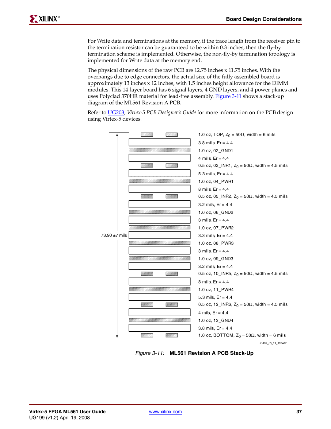 Xilinx manual Board Design Considerations, 11ML561 Revision a PCB Stack-Up 