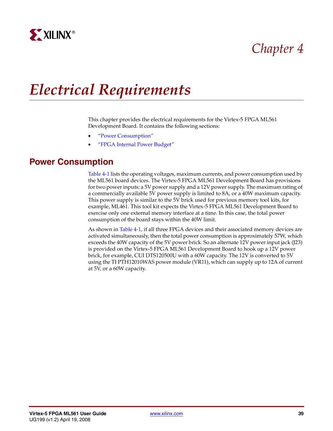 Xilinx ML561 manual Electrical Requirements, Power Consumption 