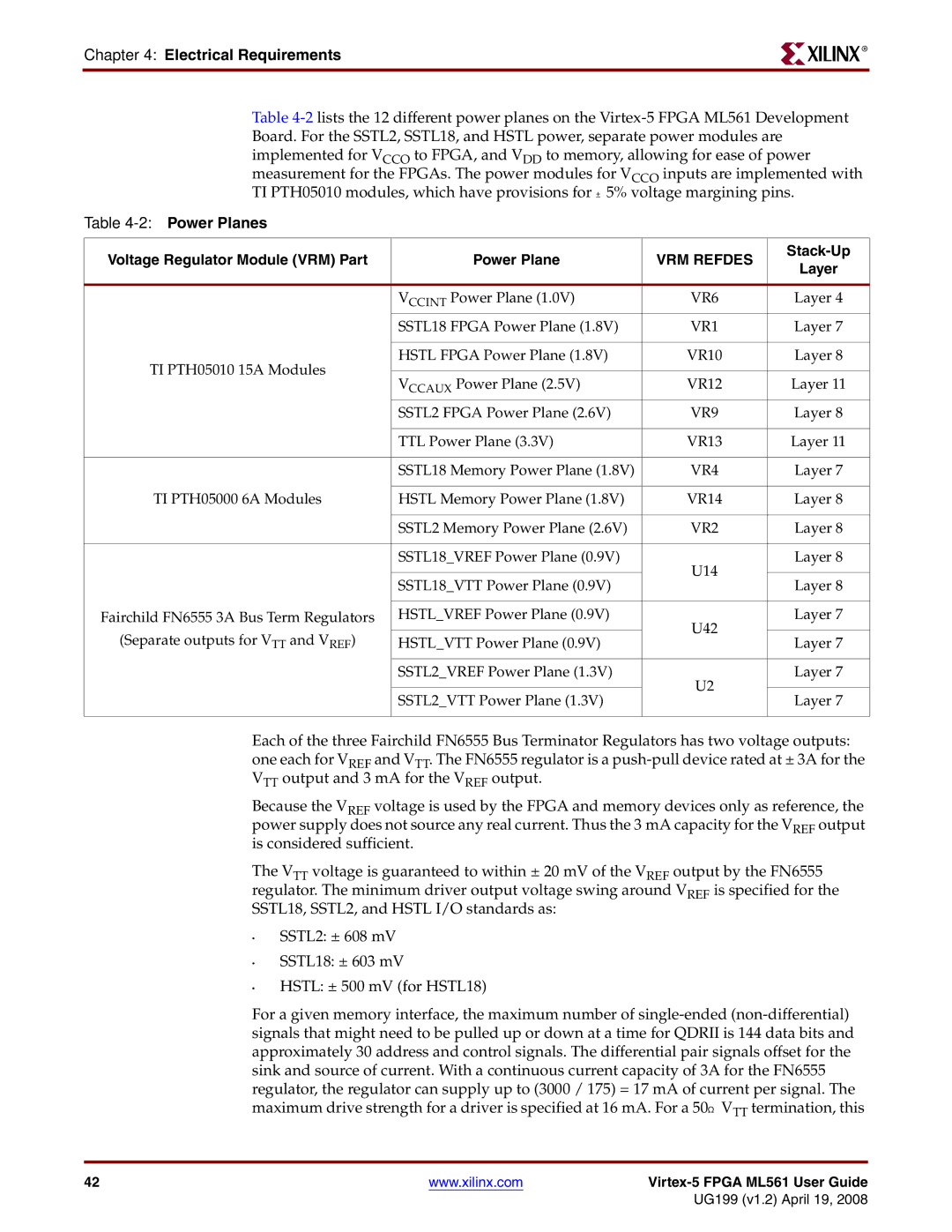 Xilinx ML561 manual Electrical Requirements, 2Power Planes Voltage Regulator Module VRM Part, Stack-Up 