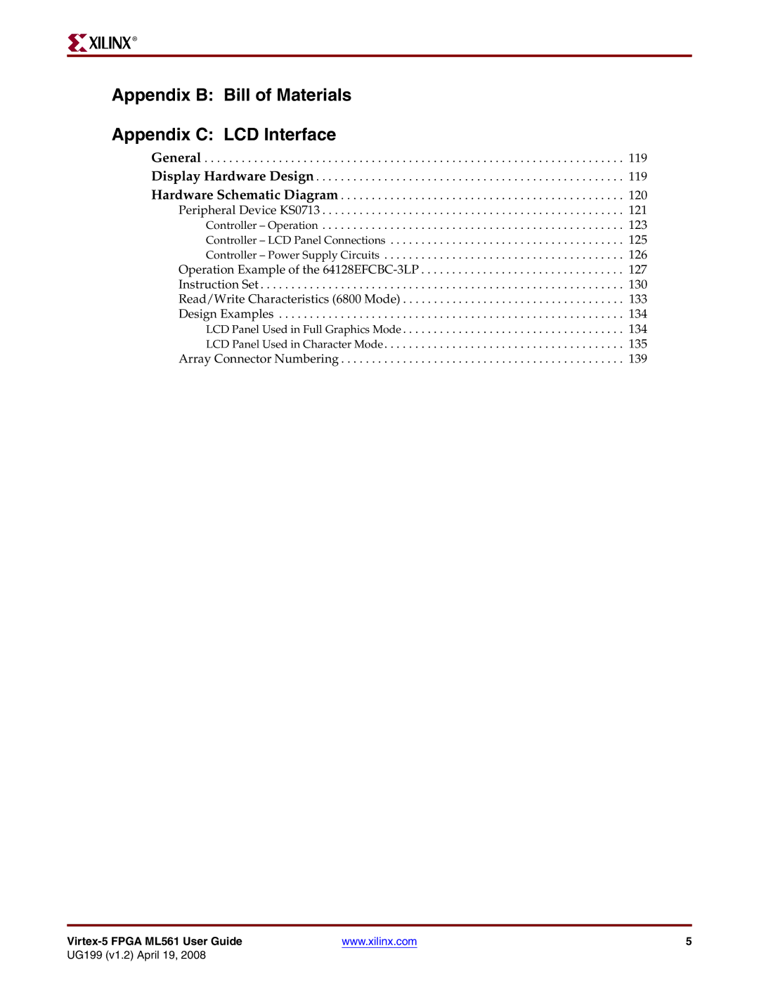 Xilinx ML561 manual Appendix B Bill of Materials Appendix C LCD Interface 