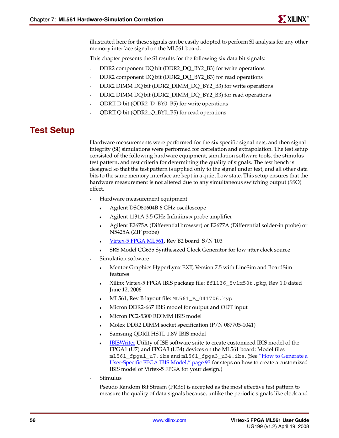 Xilinx manual Test Setup, ML561 Hardware-Simulation Correlation 