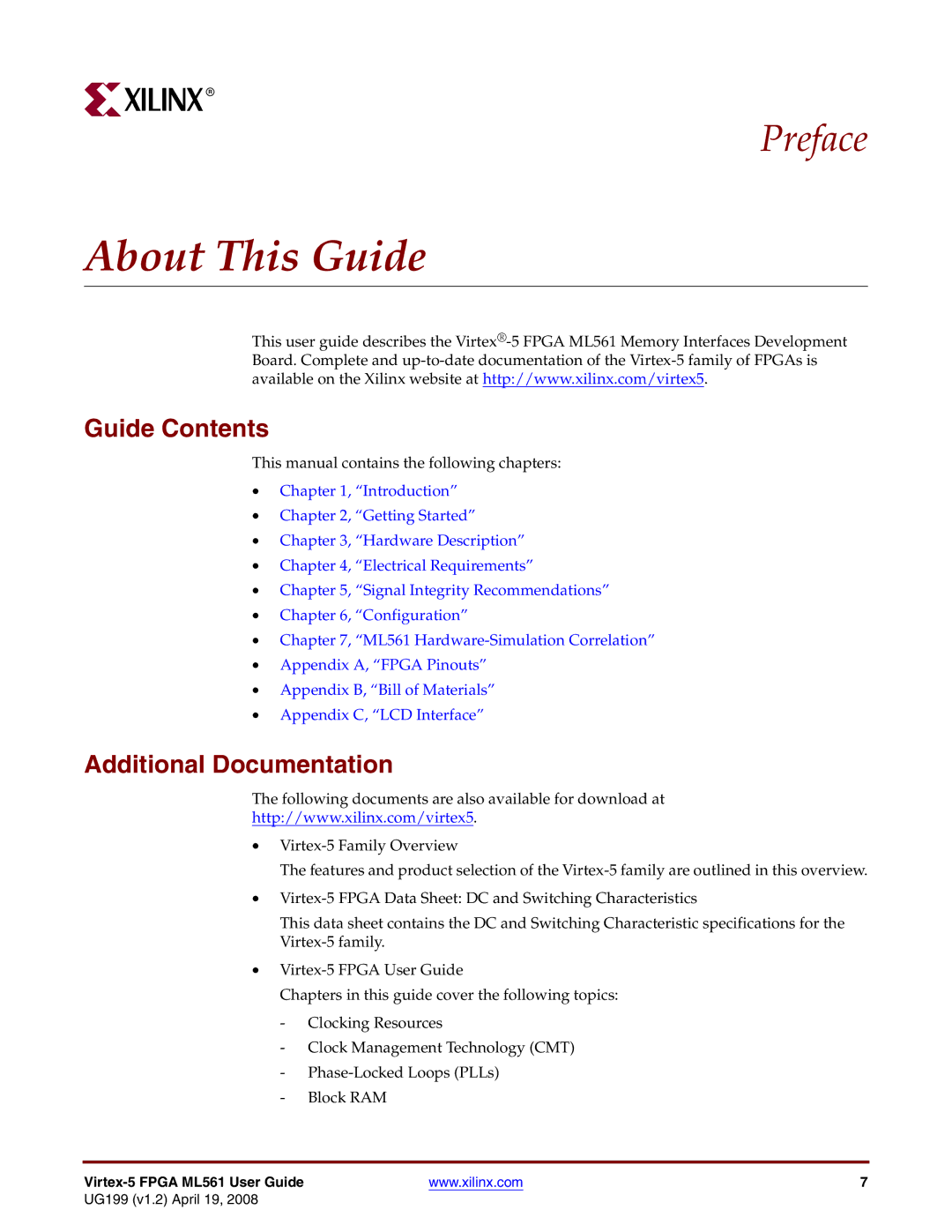 Xilinx ML561 manual About This Guide, Guide Contents, Additional Documentation 