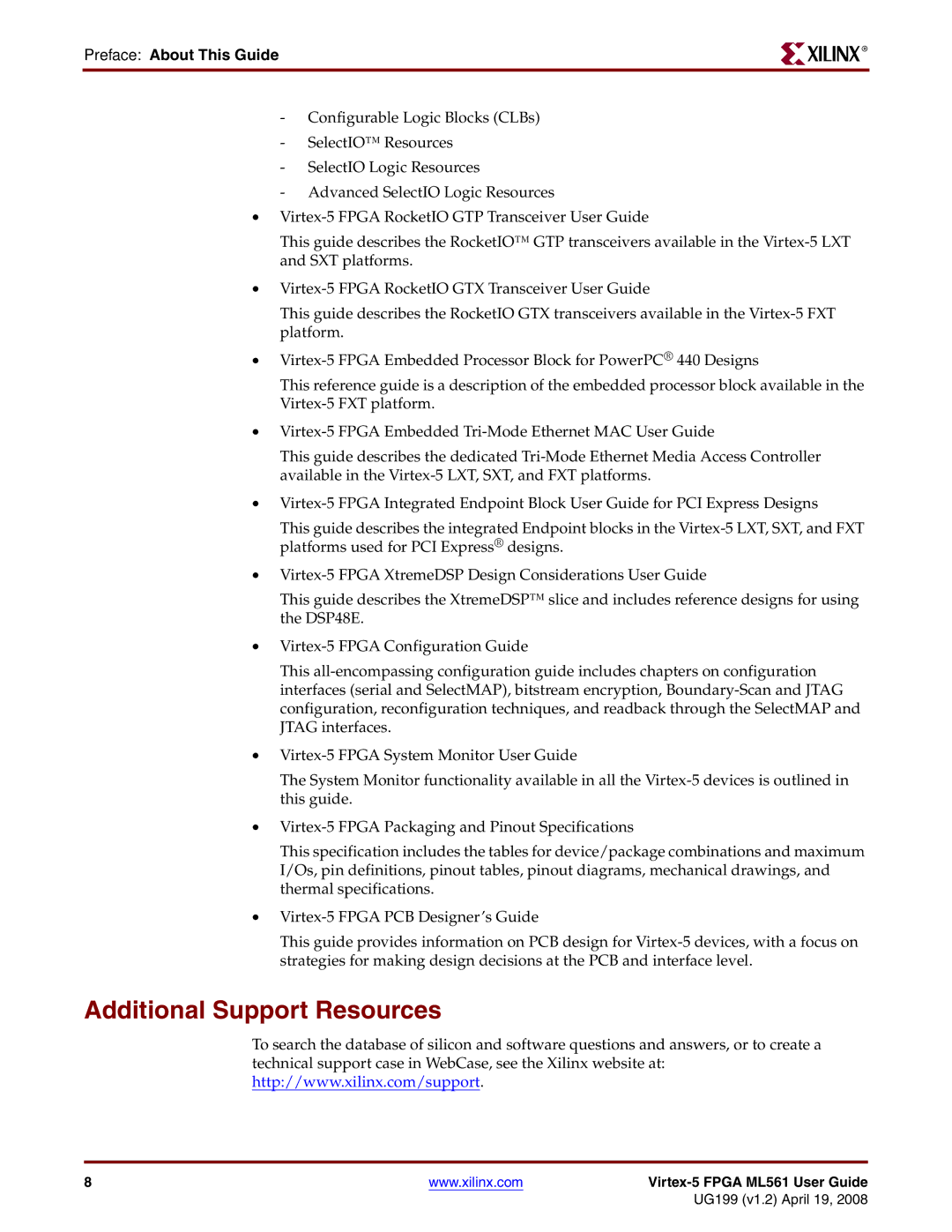 Xilinx ML561 manual Additional Support Resources, Preface About This Guide 