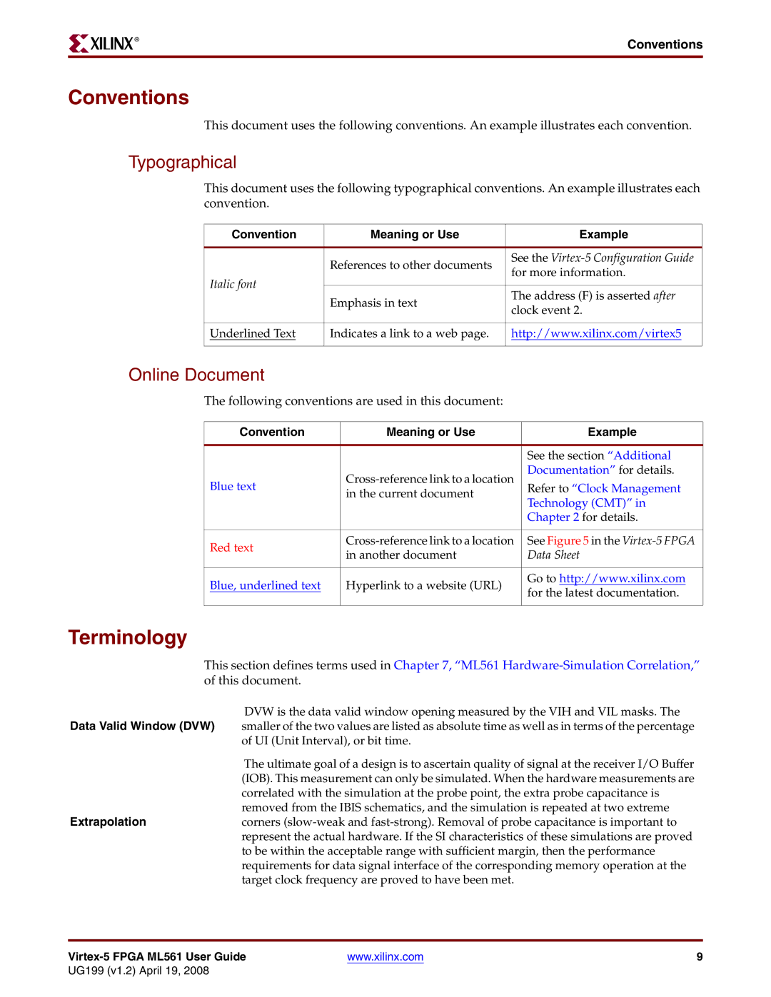 Xilinx ML561 manual Conventions, Terminology, Typographical, Online Document 