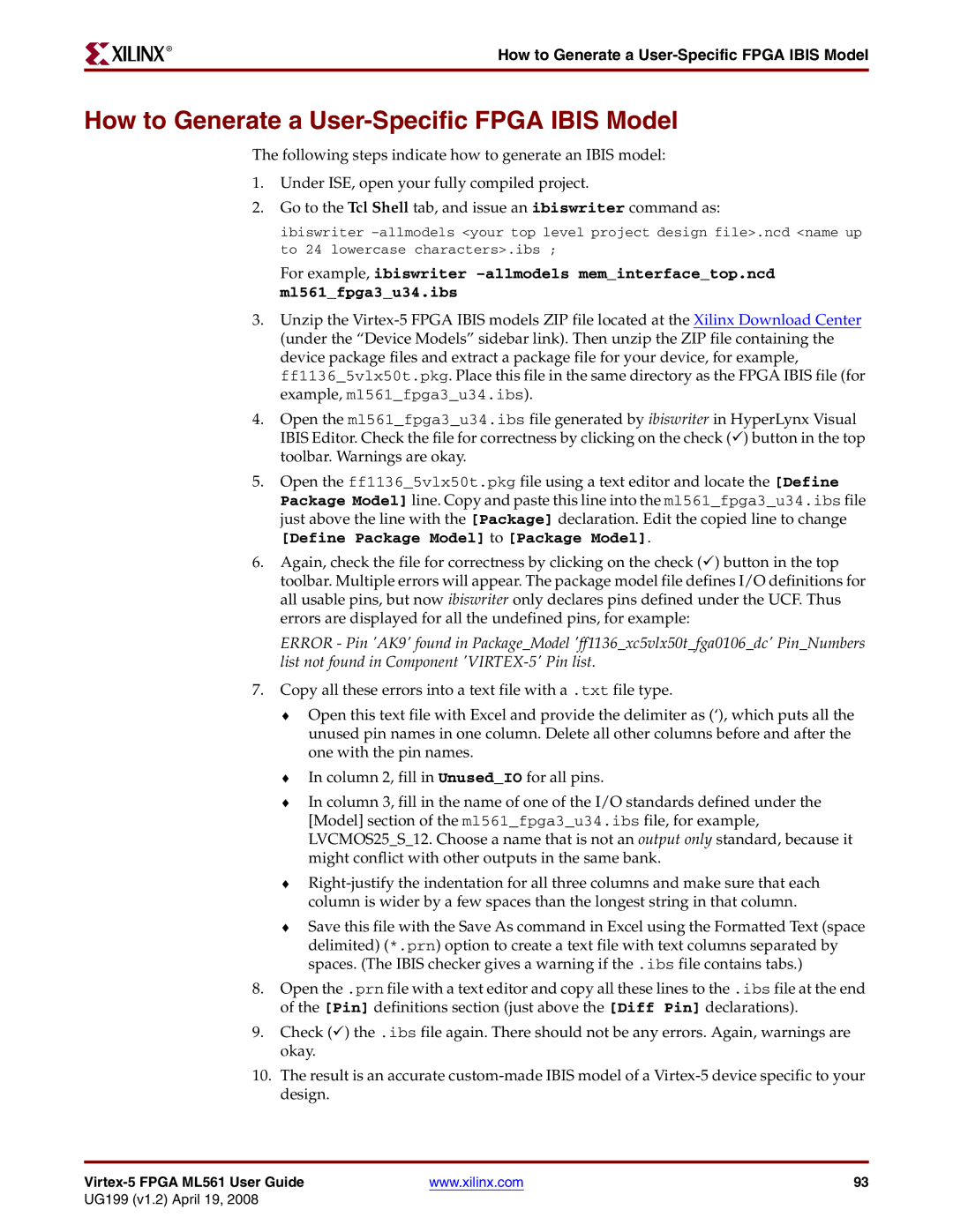 Xilinx ML561 manual How to Generate a User-Specific Fpga Ibis Model 