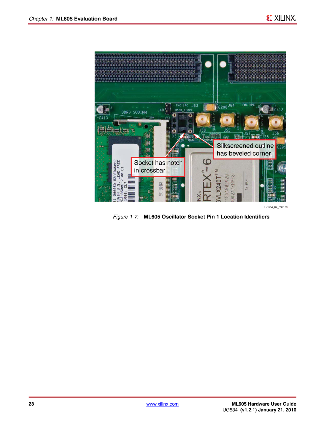 Xilinx manual 7ML605 Oscillator Socket Pin 1 Location Identifiers 