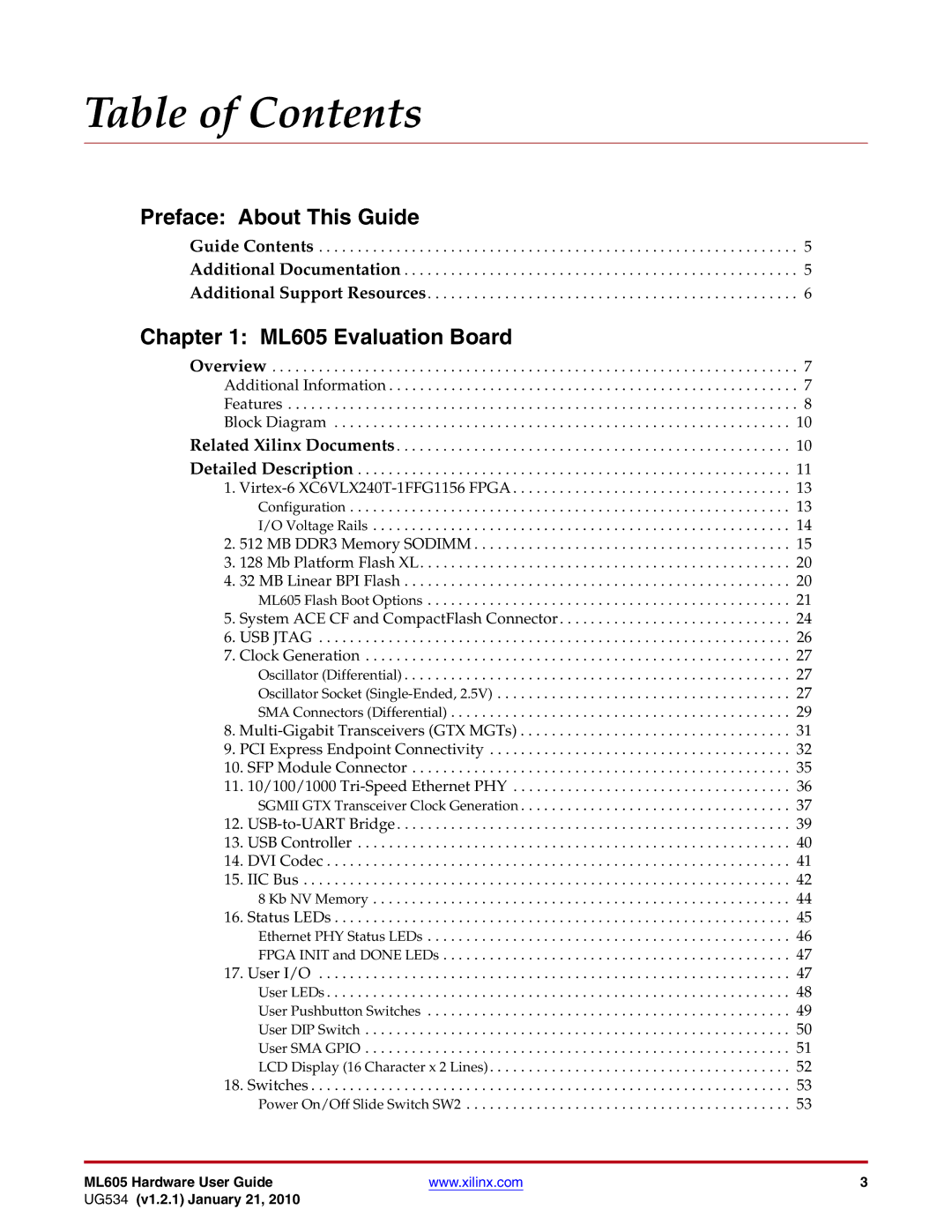 Xilinx ML605 manual Table of Contents 