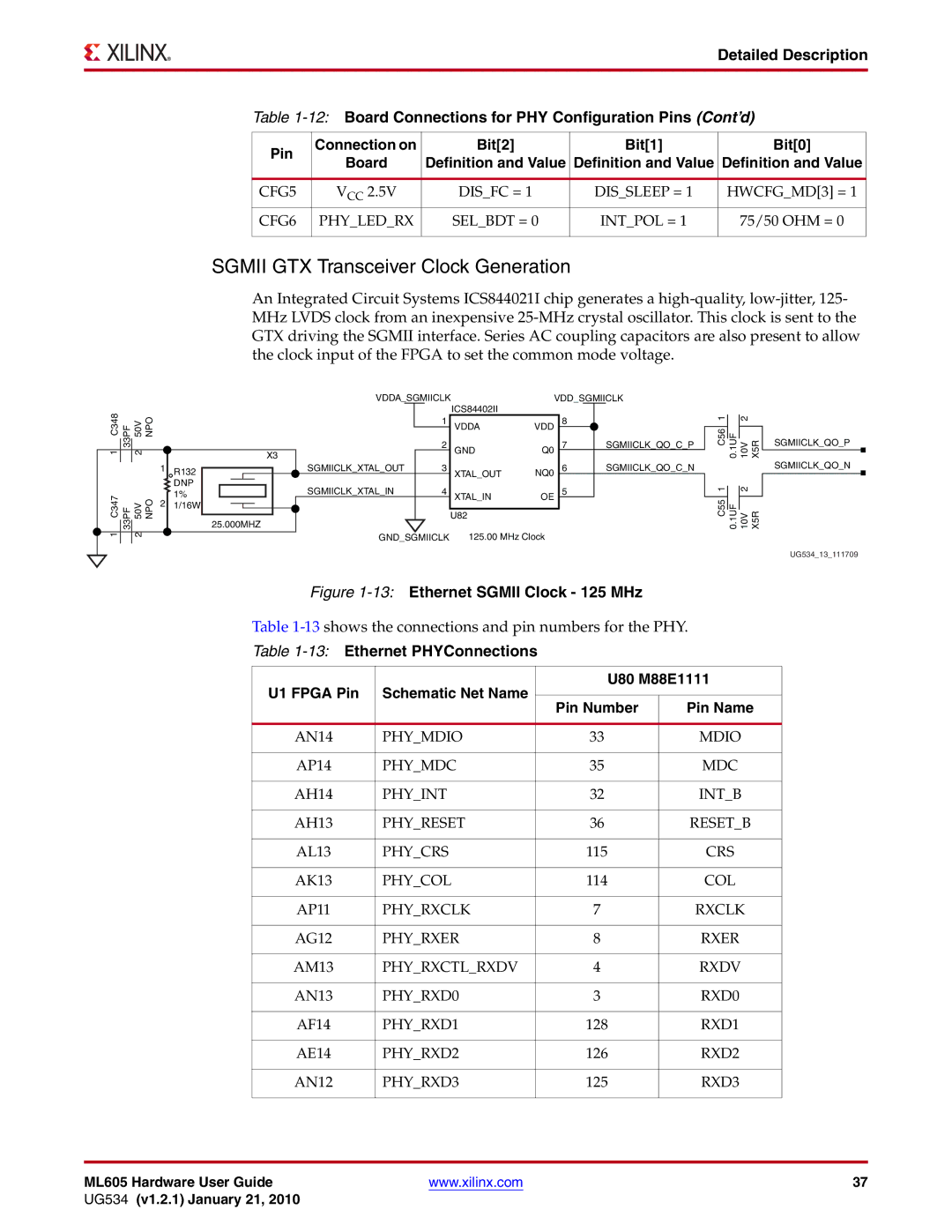 Xilinx ML605 Sgmii GTX Transceiver Clock Generation, 12Board Connections for PHY Configuration Pins Cont’d, U80 M88E1111 