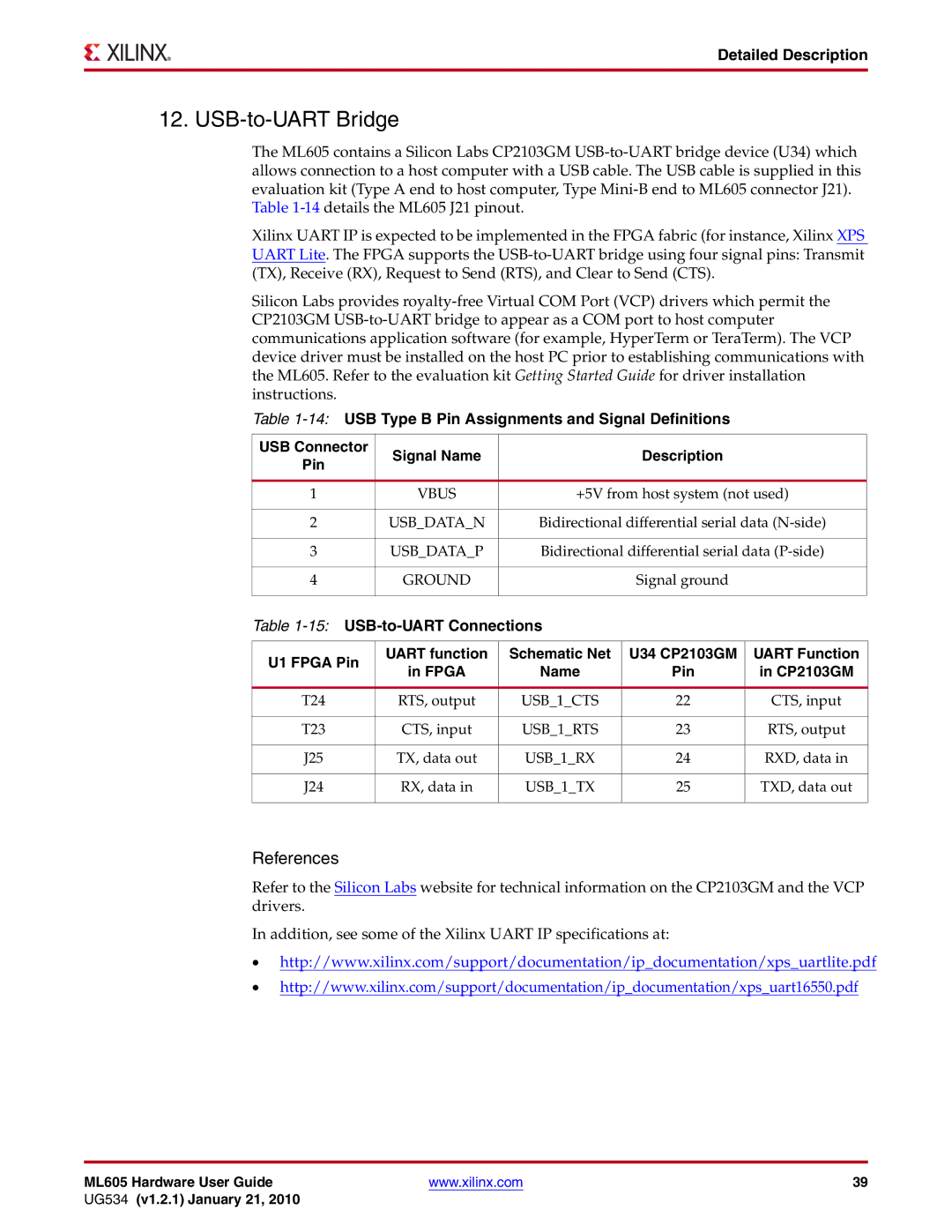 Xilinx ML605 manual USB-to-UART Bridge, Vbus, Ground 