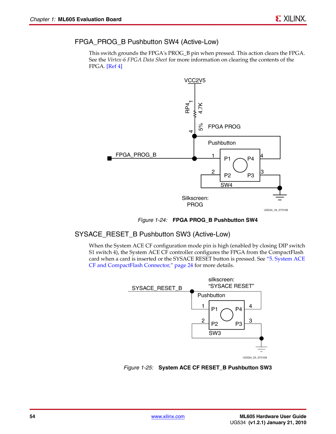 Xilinx ML605 manual Fpgaprogb Pushbutton SW4 Active-Low, Sysaceresetb Pushbutton SW3 Active-Low 