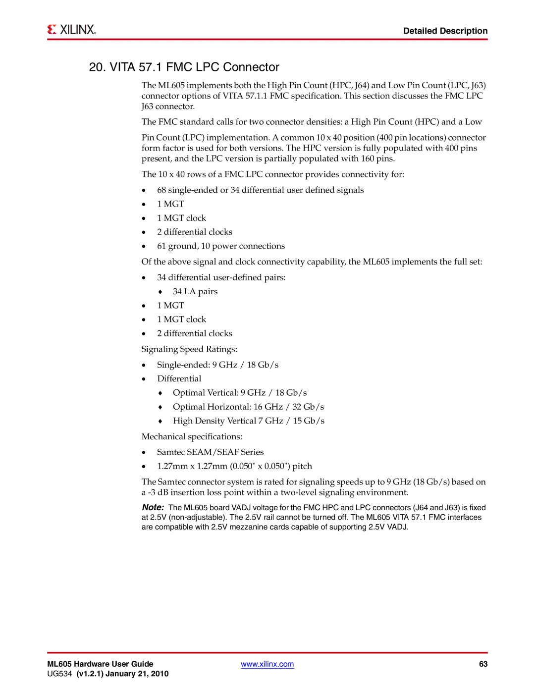 Xilinx ML605 manual Vita 57.1 FMC LPC Connector, Detailed Description 