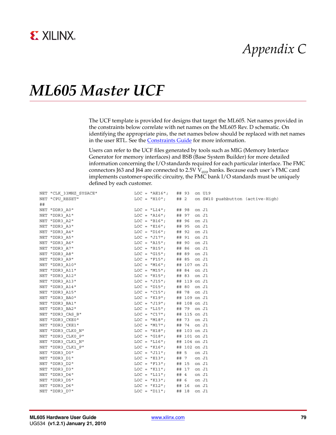 Xilinx manual ML605 Master UCF 