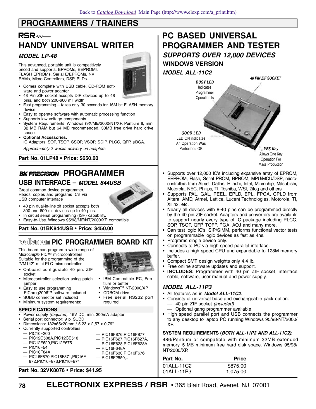 Xilinx 32VKMV110, PB-503C, PB-505, DT3, 2700MJW70 USB Interface Model 844USB, PIC Programmer Board KIT, Windows Version 