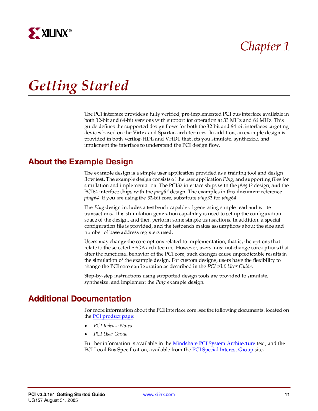 Xilinx PCI v3.0 manual Getting Started, About the Example Design, Additional Documentation 