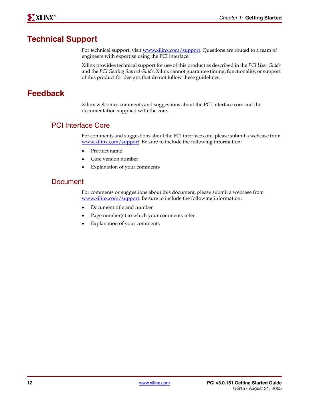 Xilinx PCI v3.0 manual Technical Support, Feedback, PCI Interface Core, Document, Getting Started 