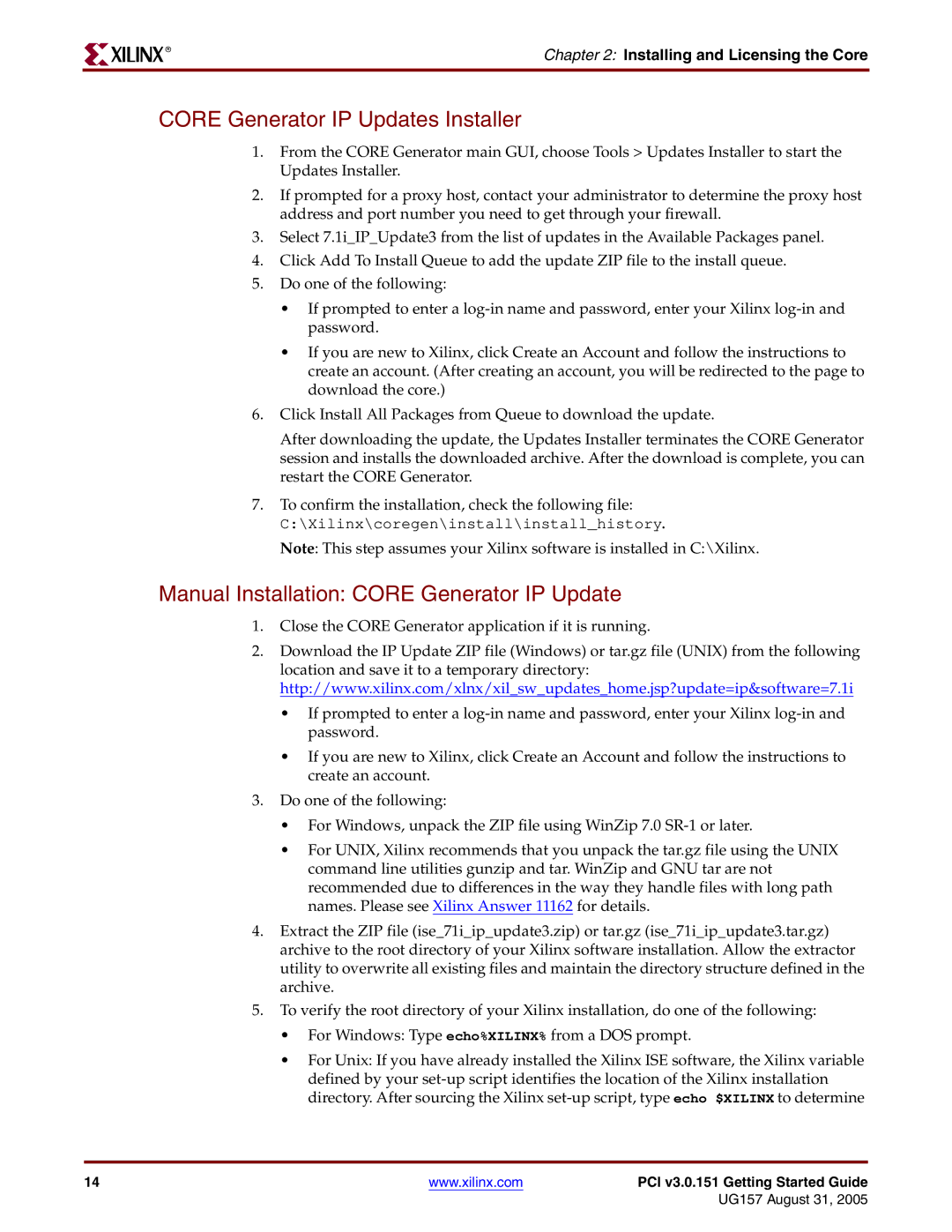 Xilinx PCI v3.0 manual Core Generator IP Updates Installer, Manual Installation Core Generator IP Update 