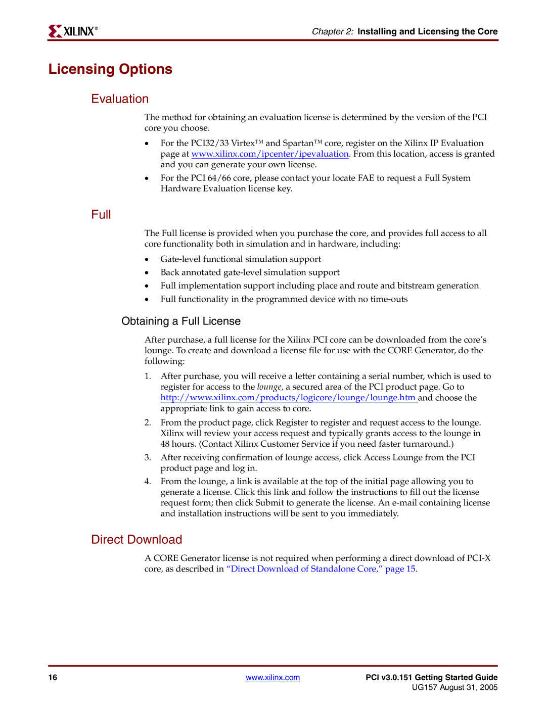 Xilinx PCI v3.0 manual Licensing Options, Evaluation, Full, Direct Download 