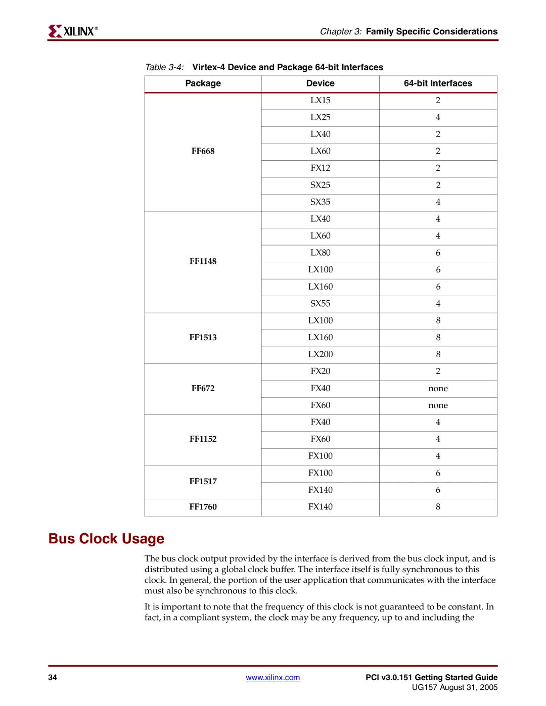 Xilinx PCI v3.0 manual Bus Clock Usage 