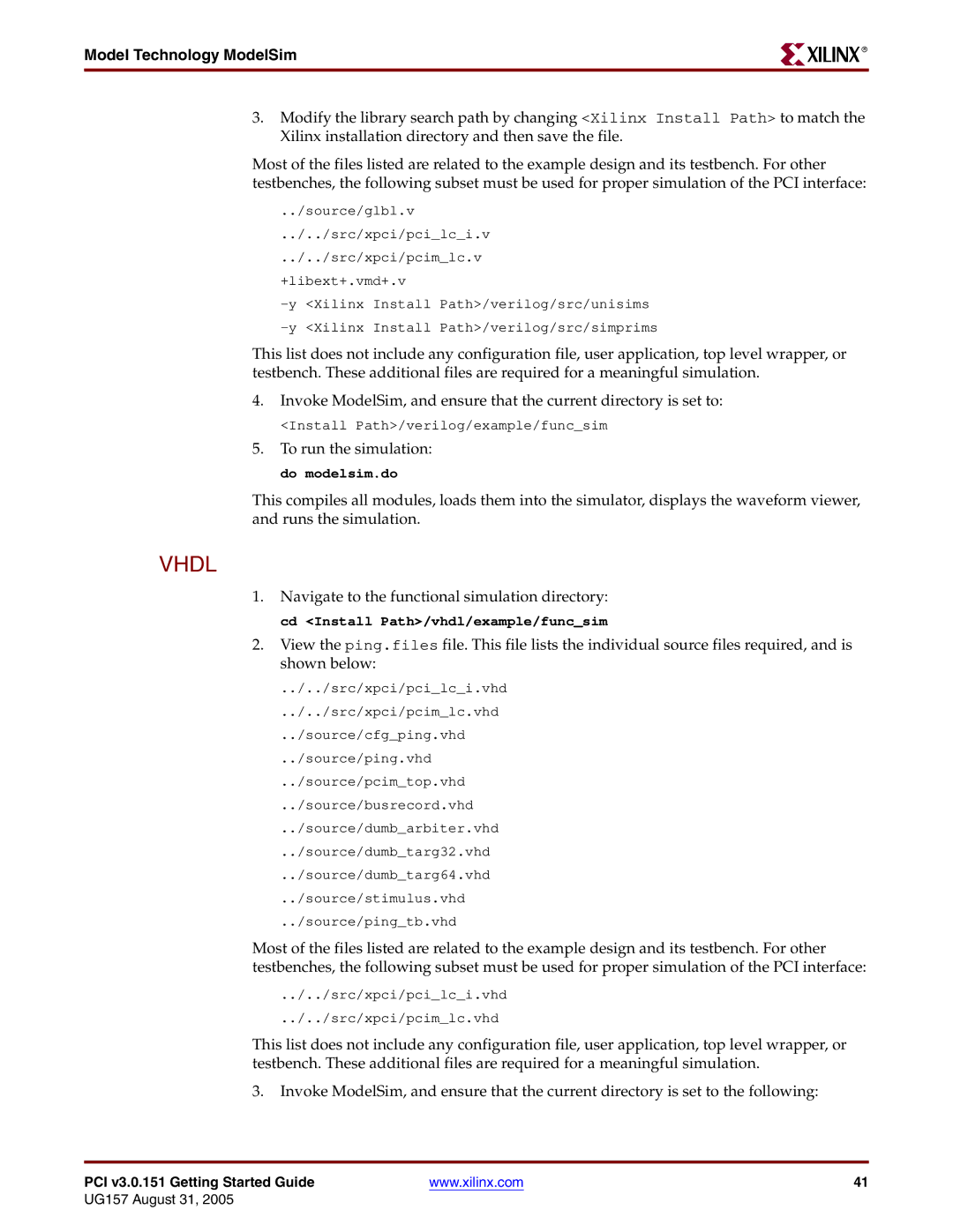 Xilinx PCI v3.0 manual Vhdl, Model Technology ModelSim 