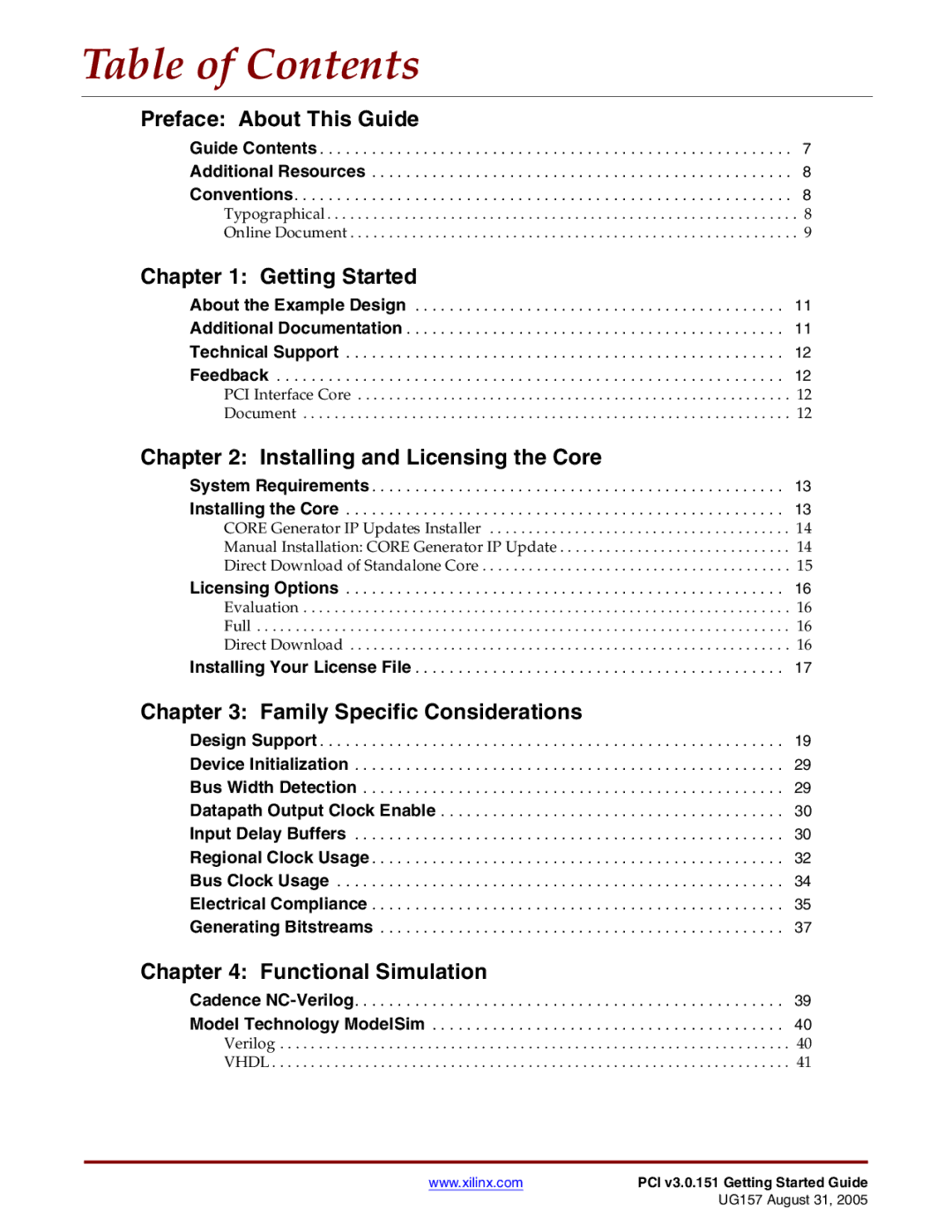 Xilinx PCI v3.0 manual Table of Contents 