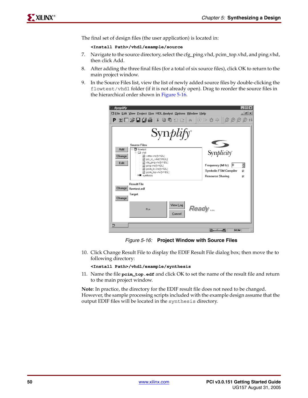 Xilinx PCI v3.0 manual 16Project Window with Source Files 