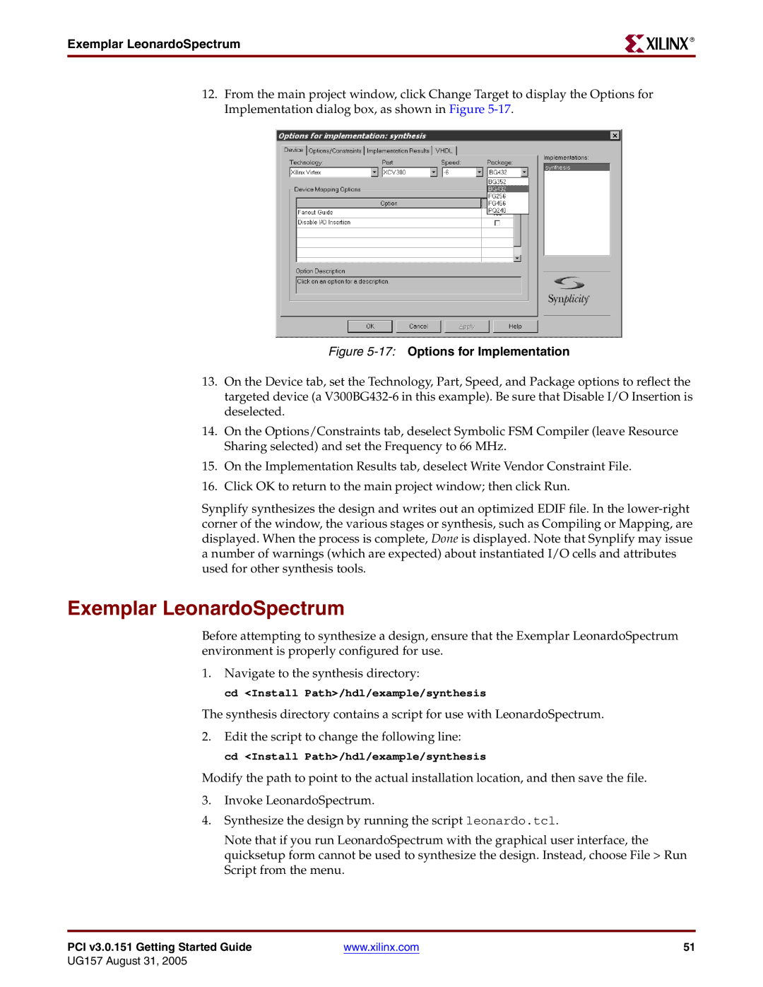 Xilinx PCI v3.0 manual Exemplar LeonardoSpectrum 