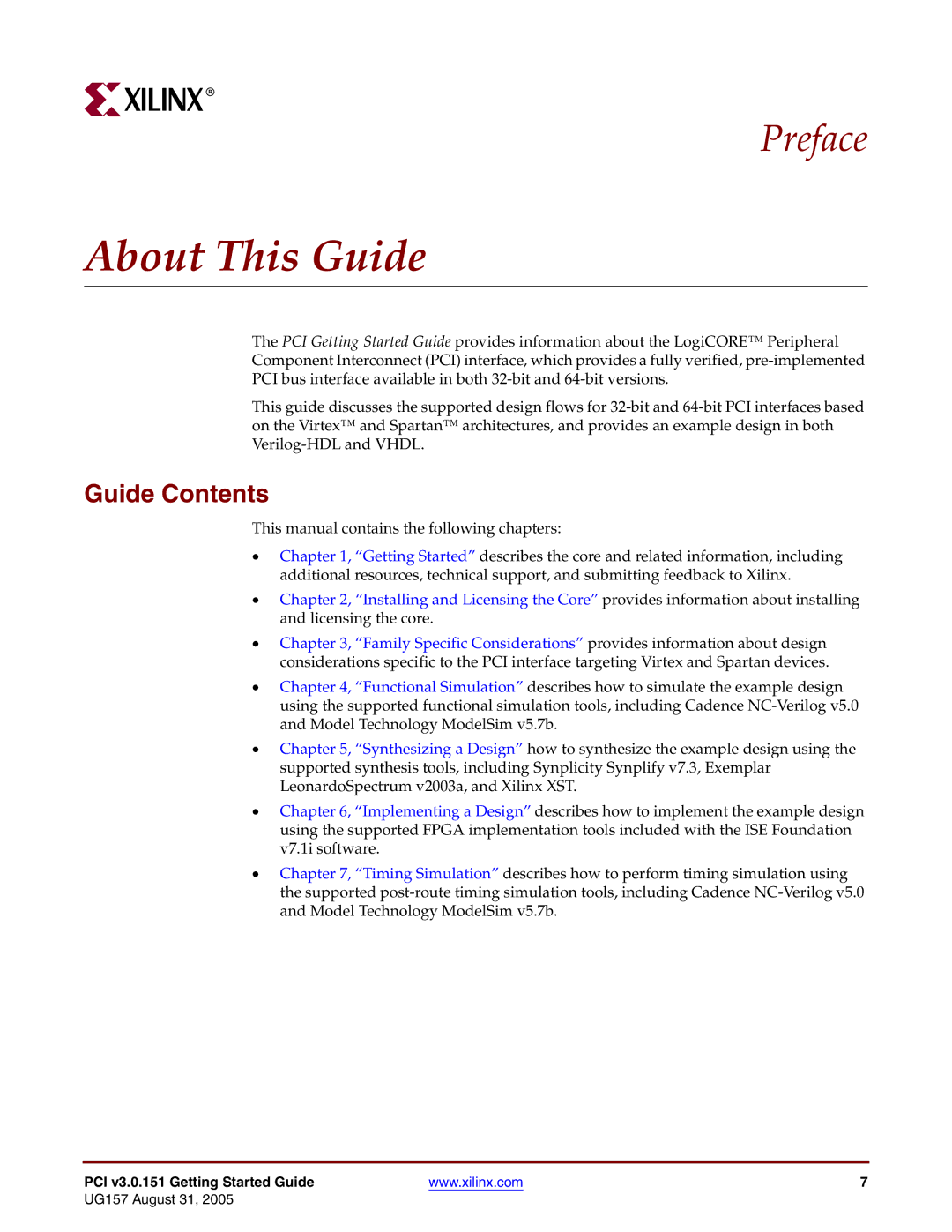 Xilinx PCI v3.0 manual About This Guide, Guide Contents 