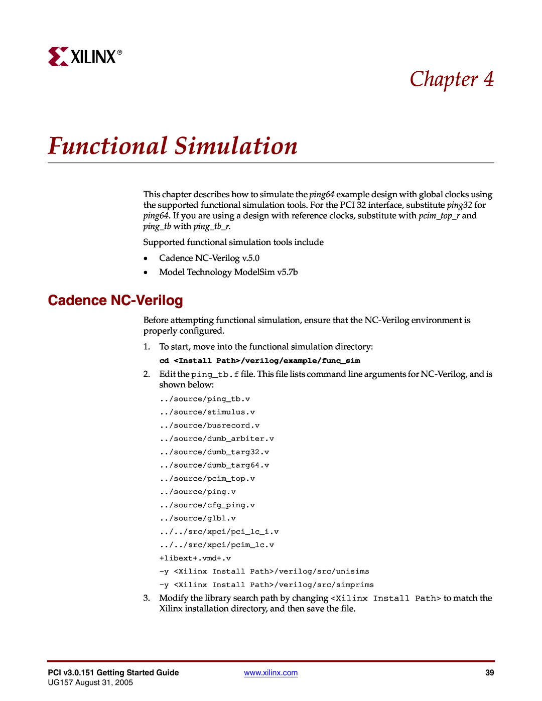 Xilinx PCI v3.0 manual Functional Simulation, Cadence NC-Verilog, Chapter 