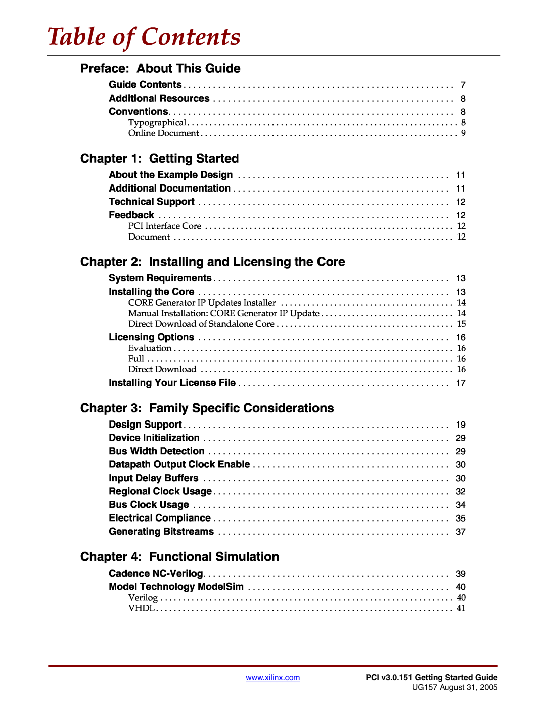 Xilinx PCI v3.0 manual Table of Contents, Preface About This Guide, Getting Started, Installing and Licensing the Core 