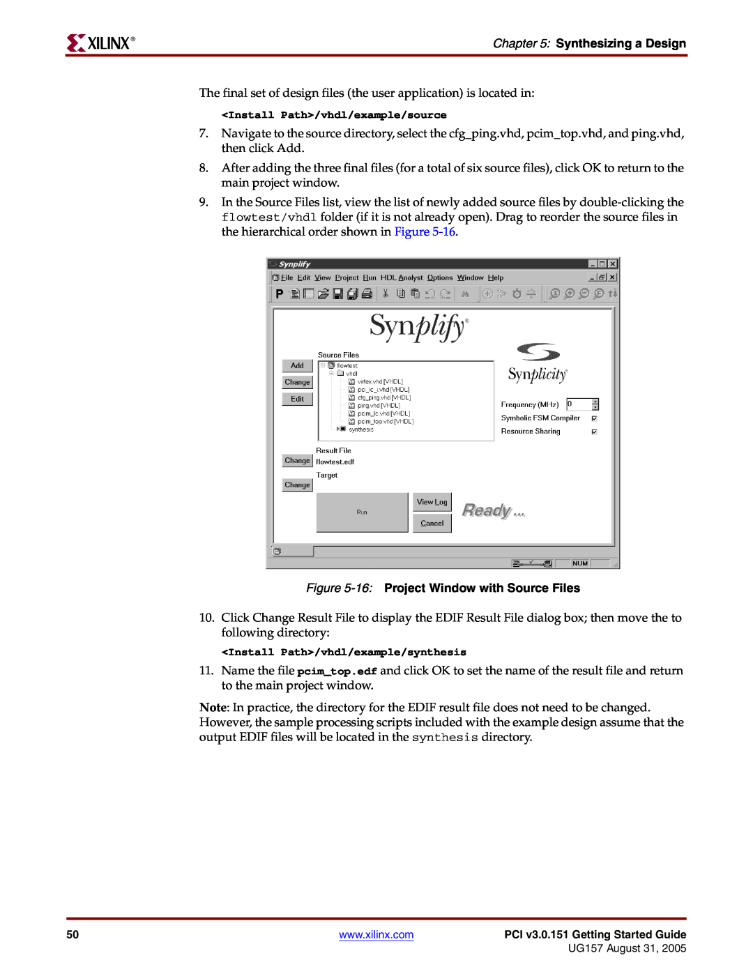 Xilinx PCI v3.0 manual 16 Project Window with Source Files, Synthesizing a Design 