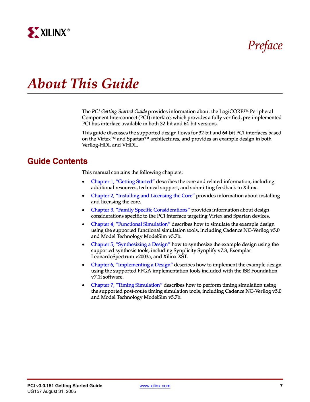 Xilinx PCI v3.0 manual About This Guide, Preface, Guide Contents 