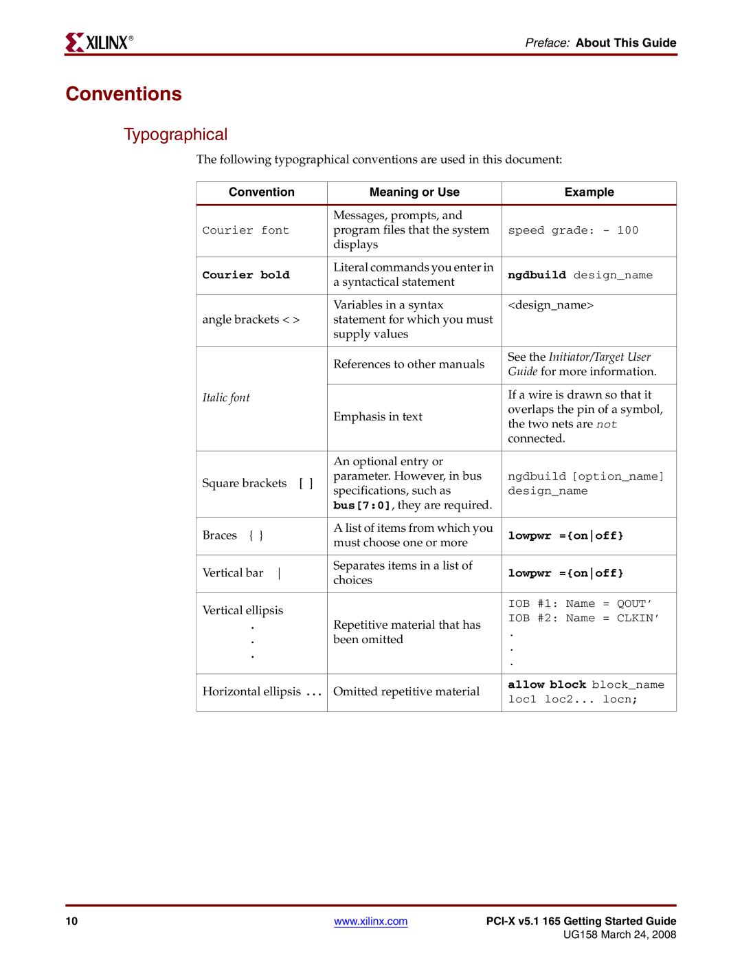 Xilinx PCI-X v5.1 manual Conventions, Typographical, Preface About This Guide, Convention Meaning or Use Example 