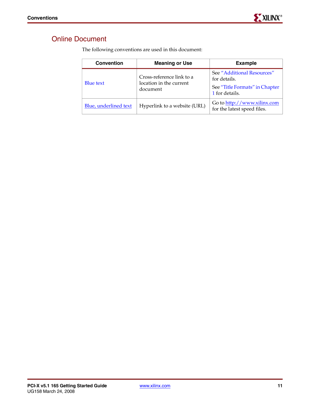 Xilinx PCI-X v5.1 manual Online Document, Conventions 