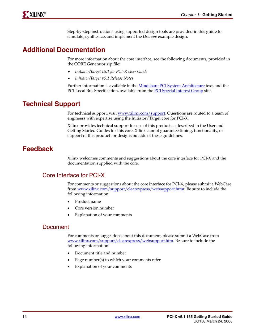 Xilinx PCI-X v5.1 manual Additional Documentation, Technical Support, Feedback, Core Interface for PCI-X 