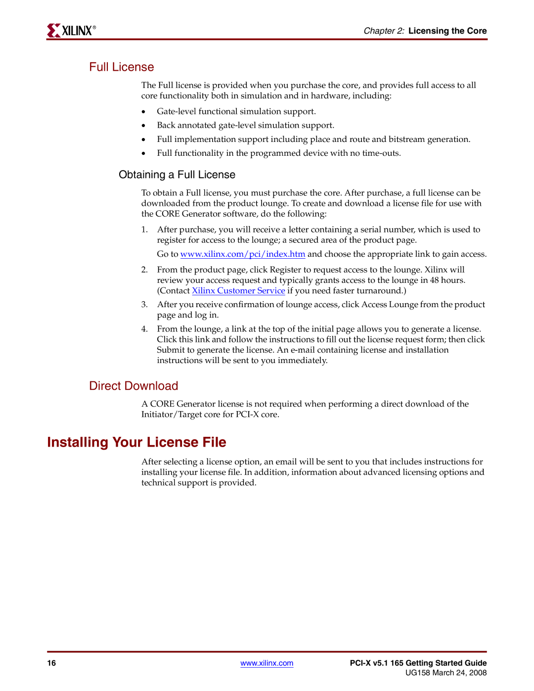 Xilinx PCI-X v5.1 manual Installing Your License File, Full License, Direct Download, Licensing the Core 