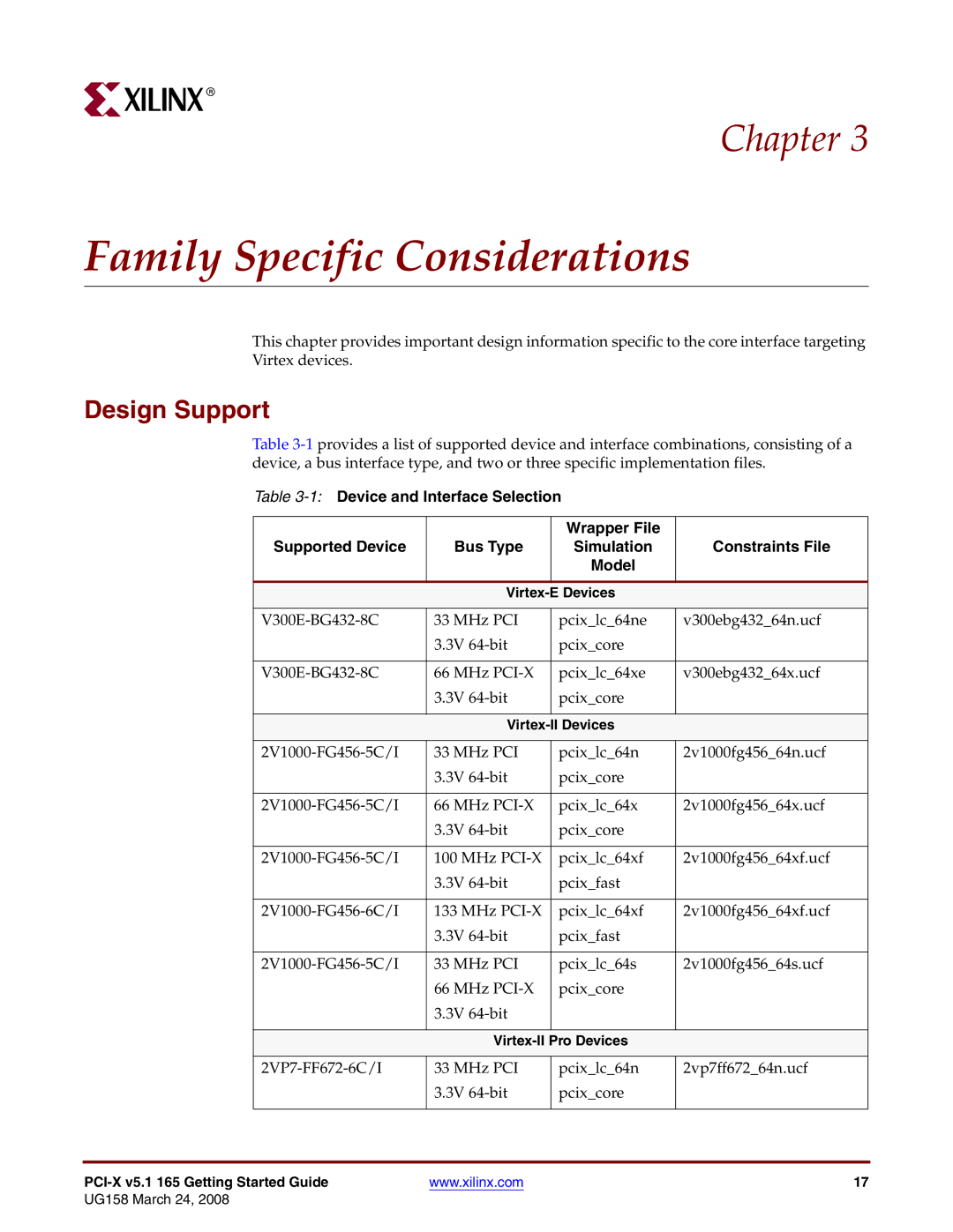 Xilinx PCI-X v5.1 manual Family Specific Considerations, Design Support 